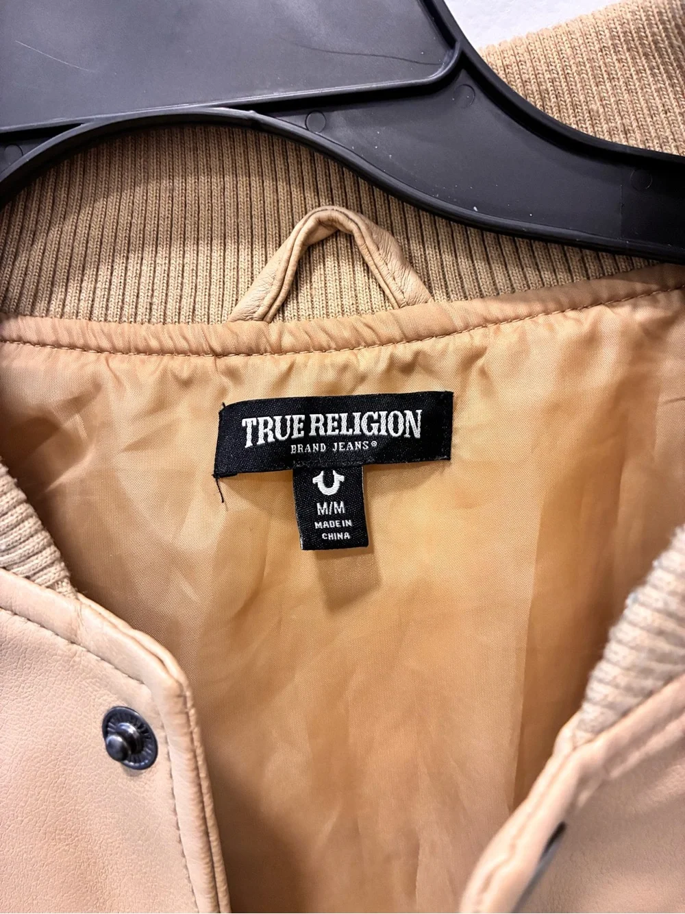 True Religion Tan and White Varsity Bomber Jacket